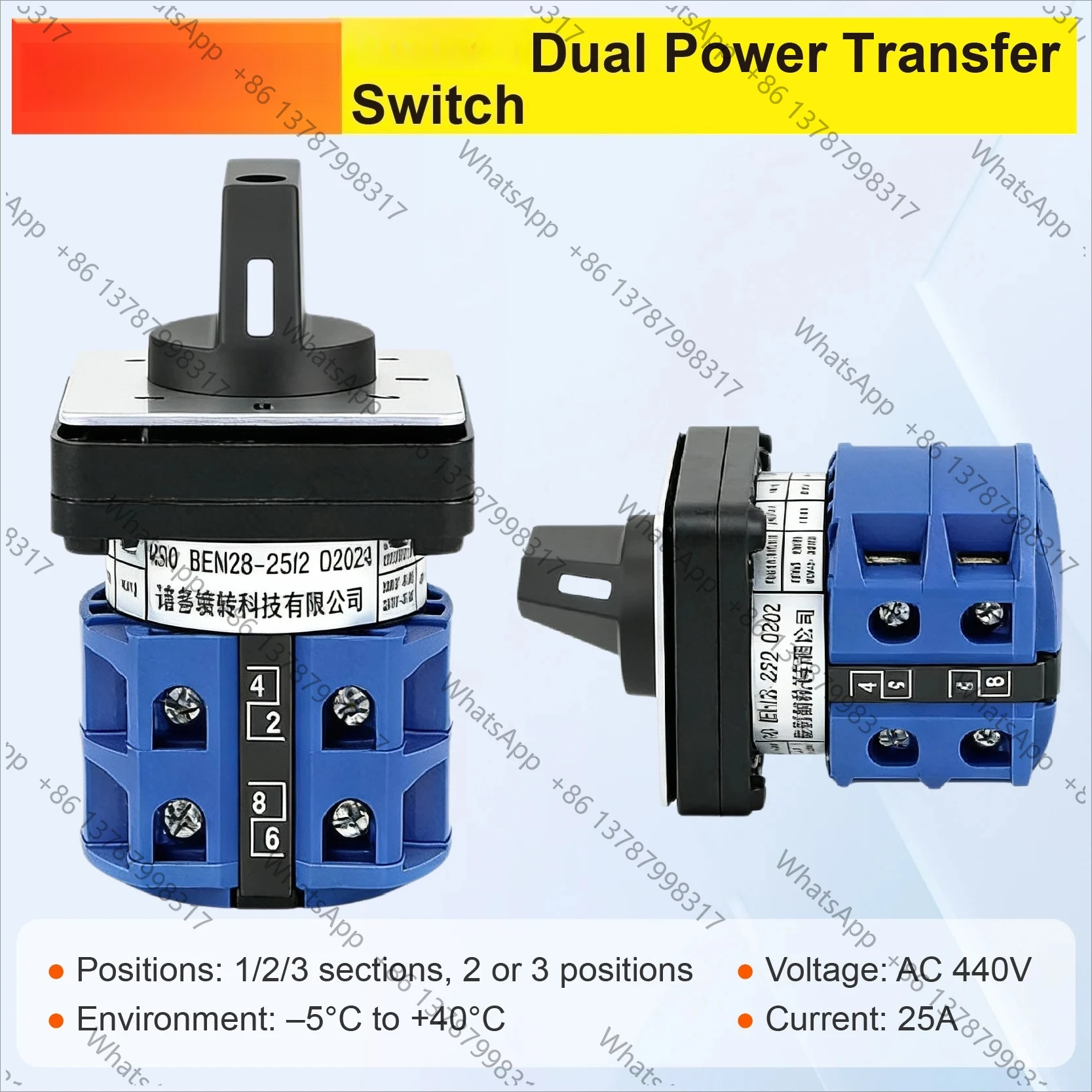 LW-26 Dual Power Rotary Cam Switch 25A AC440V Manual Transfer Selector Panel Mount IEC60947 Changeover Switch