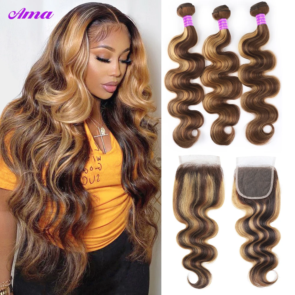 P4 27 Highlight Body Wave Bundles With Closure 4x4 inch Ombre Human Hair Bundles With Closure Brazilian Hair Bundle With Closure