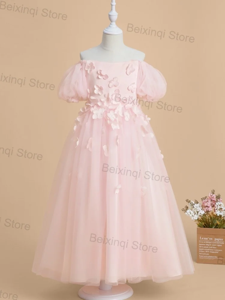 

Flower Girl Wedding Dresses For Parties Pink Tulle Appliques Puff Sleeve Long Skirt Recommend 2025 Birthday Prom Elegant Gown