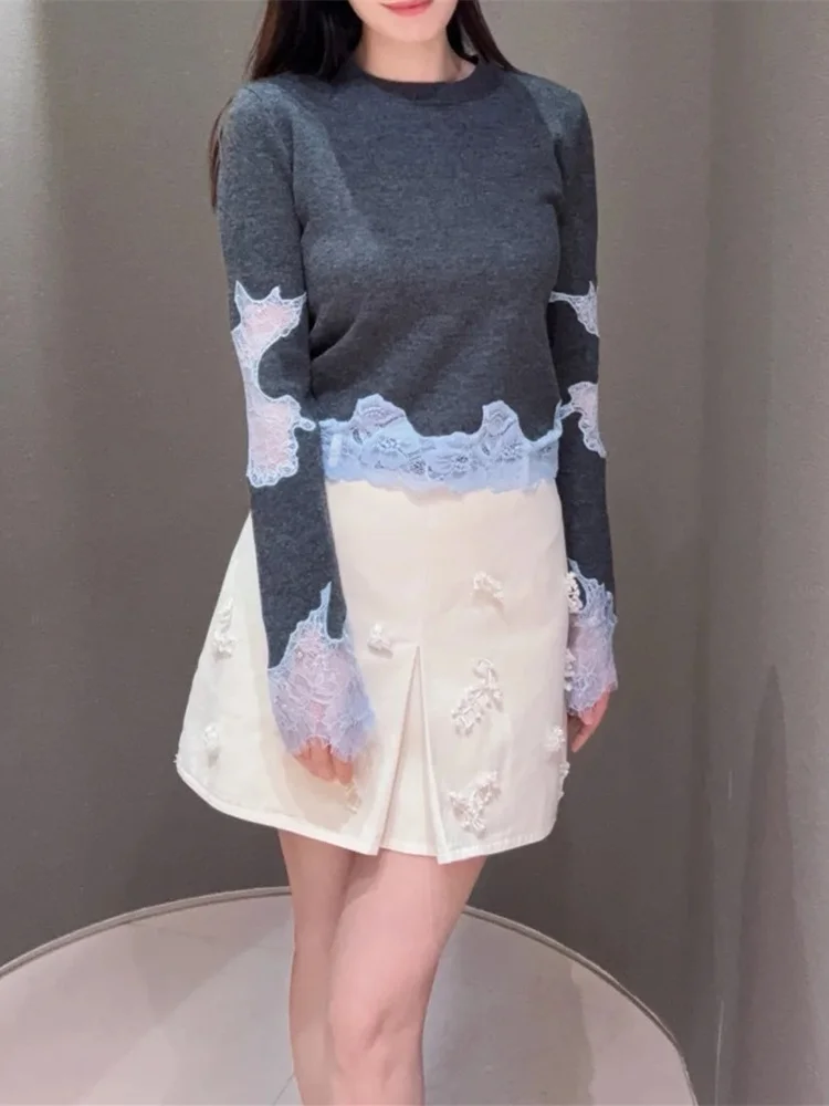 High-End Version Lace Splice Long Sleeve Knitted Sweater Women's Top Euro Style  Design Sensation Grey Collision Blue