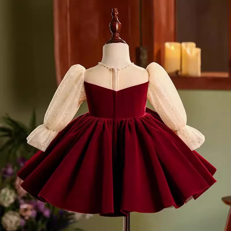 New Girls Autumn Winter Fashion Princess Ball Gown Children Cute Bow Long Sleeve Birthday Wedding Party Dress y1428