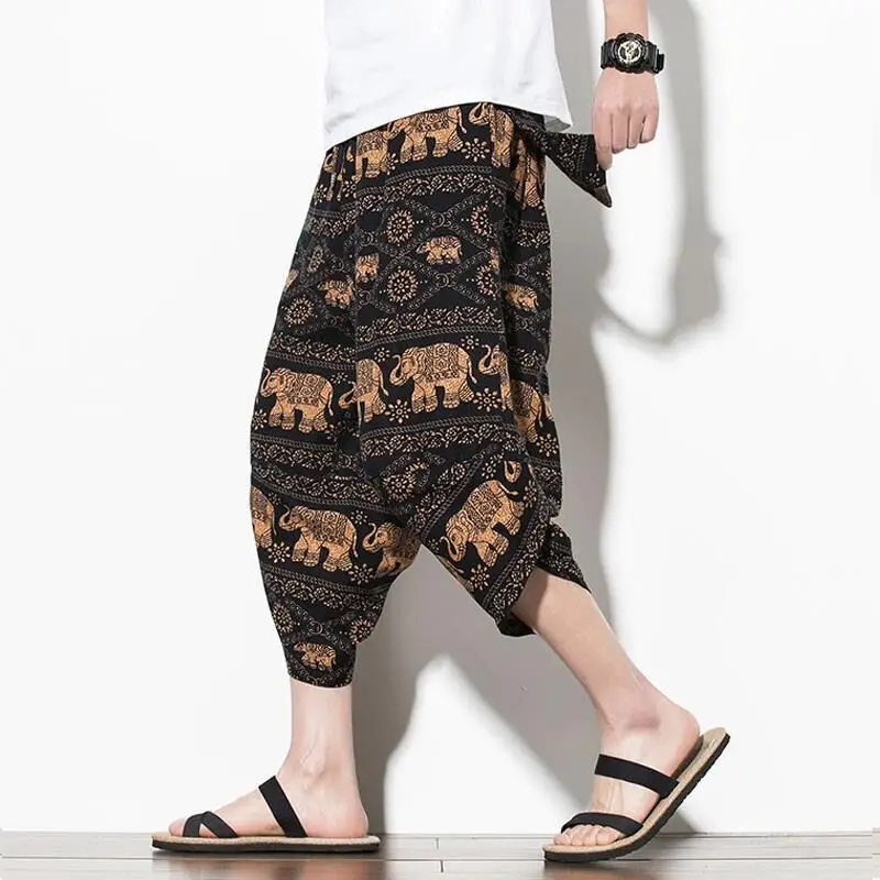 Cotton Linen Ethnic Print Men Capris Pants Summer Beach Hawaii Holiday Casual Patalon Male Thailand Chinese Nepal Vintage Pants