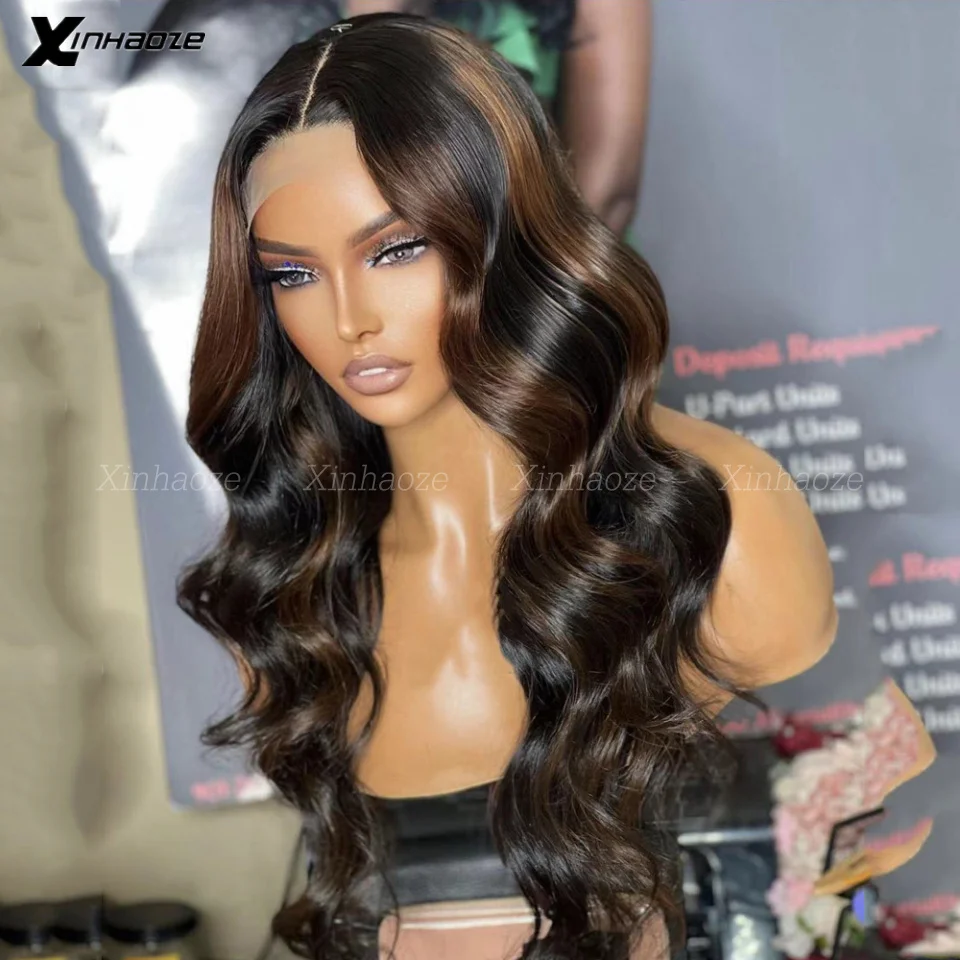 

Highlights Brown 13x6 Lace Frontal Wig Transparent Lace Body Wave Malaysian Human Hair Wig Pre Plucked 180 Density Silk Top Wigs