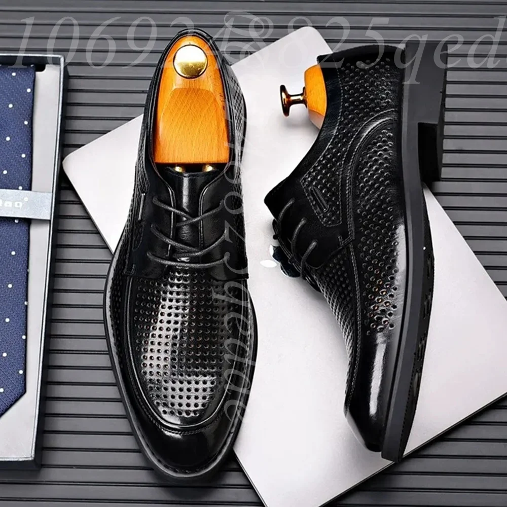 

Men's Black Breathable Perforated Oxford Shoes, Lace-Up Matte Leather Polished Shiny Upper, Low-Heel Business Casual Footwear