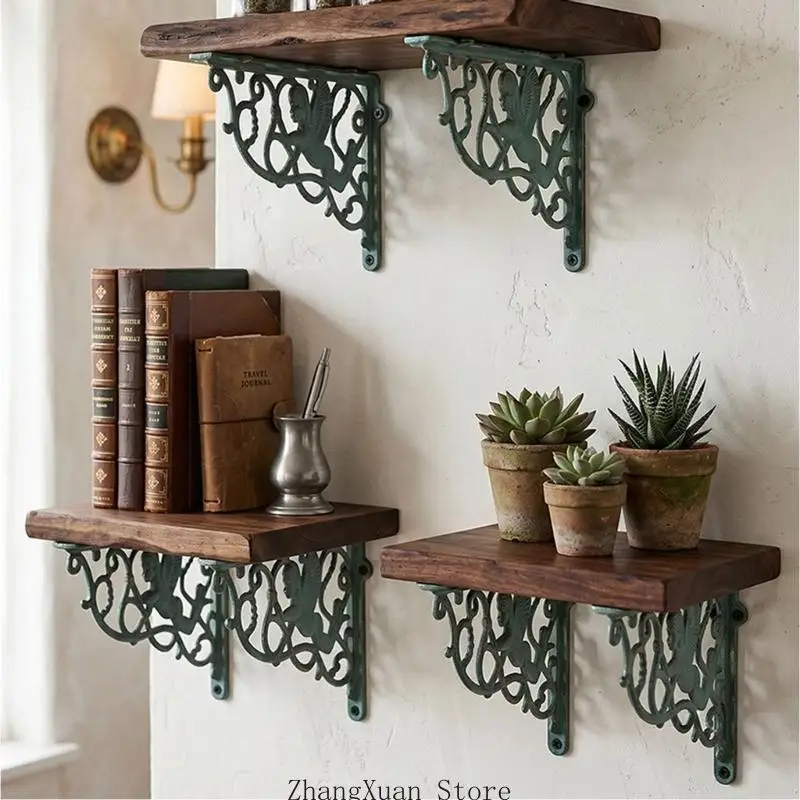 Wall Shelf Support Bracket for Indoor Display Storage, Decorative Metal Angel Scrollwork Piece with Green Finish for Home Shelf