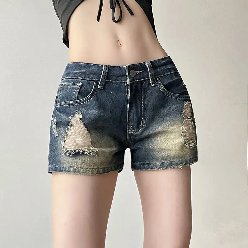 

Denim Shorts Raw Edges Ripped Holes Low-Waisted Slim-Fitting American Hottie Washed Women'S Ultra-Short Hot Pants