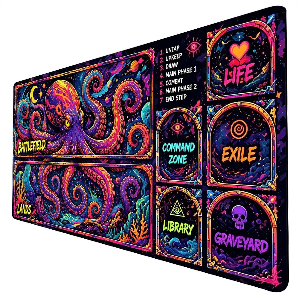 Neon Cosmic Kraken Octopus Large Game Mat Non‑Slip Rubber Playmat Swirling Tentacle for Trading Card Tabletop Hobby Sessions