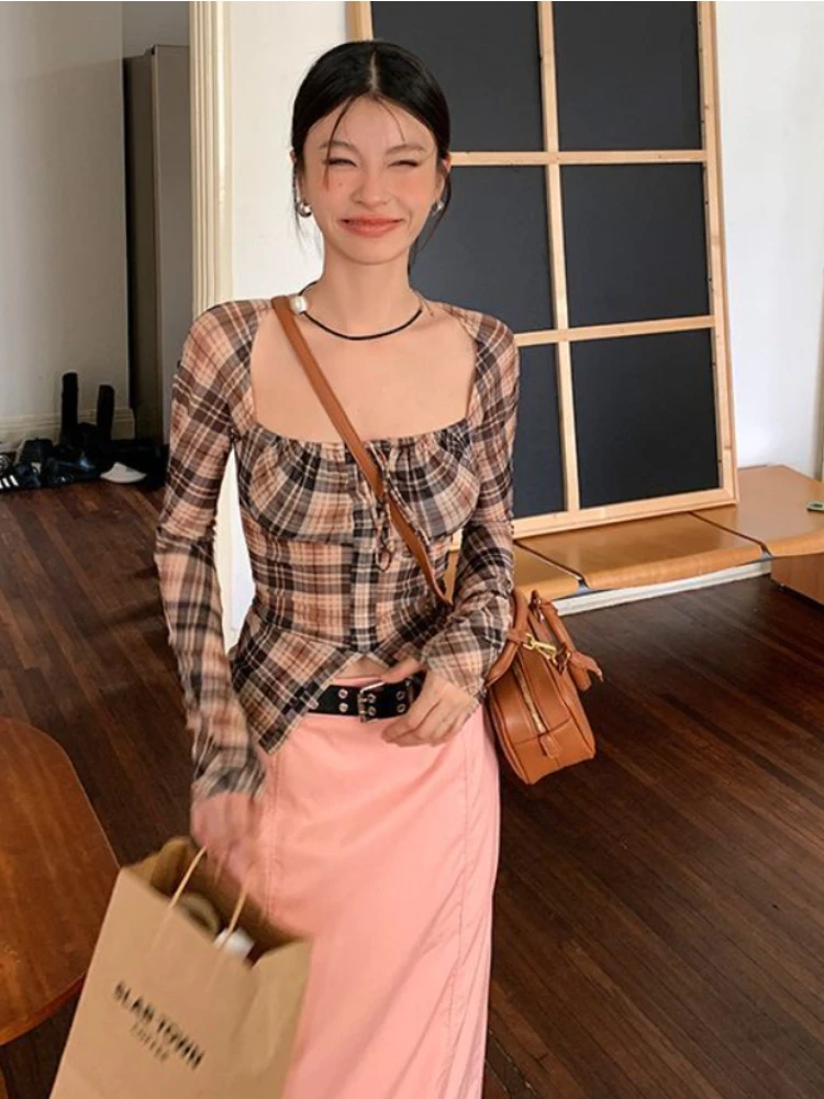 Deeptown Y2K Vintage Plaid Blouse Women Harajuku Square Collar Cropped Shirts Korean Sexy Slim Sunscreen Corset Tops Spicy Girls