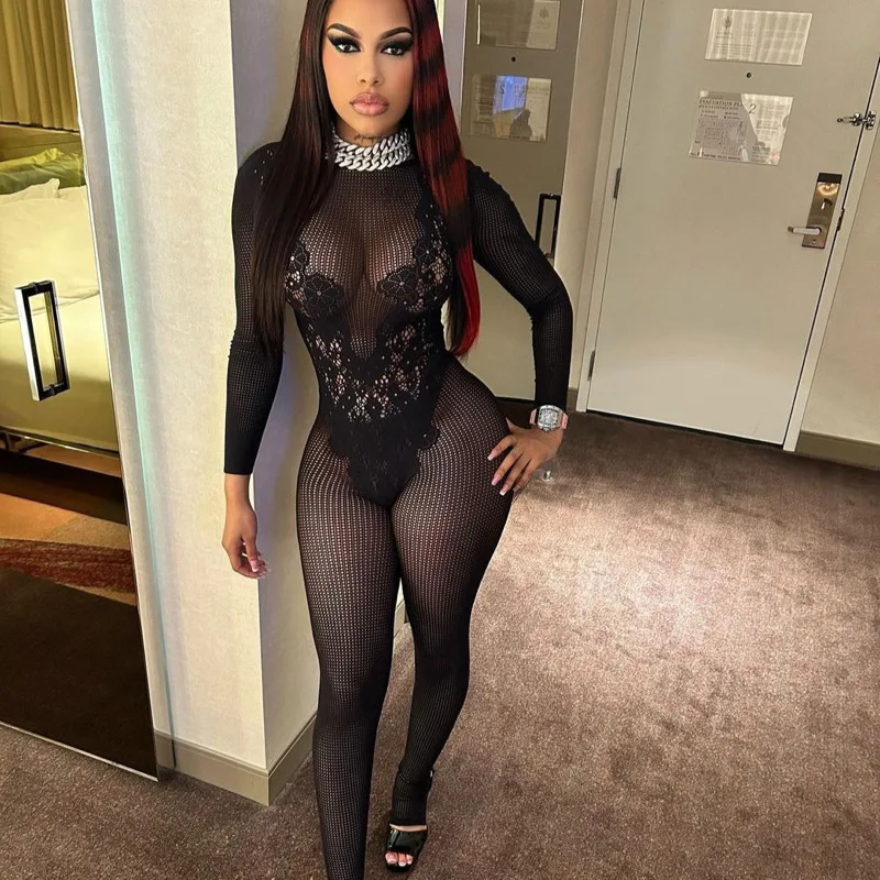 Women Sexy Knit Jumpsuits Sheer Full Sleeve Pencil Pants Overalls One Piece Round Neck Streetwear Slim Y2k Romper Club Summer - Image 3