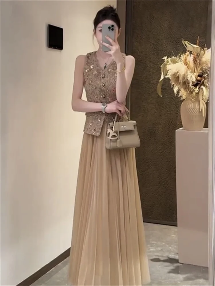 

Solid Two Piece Set for Women V Neck Sleeveless Spliced Single Breasted Vest High Waist Patchwork Mesh Skirt Female