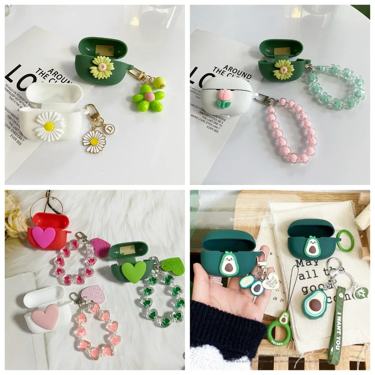 For Realme Buds T310 / T300 Case Cute Cartoon/Tulips/Daisy Flower Pendant&Earphone Silicone Cover for Realme Buds T300 cover