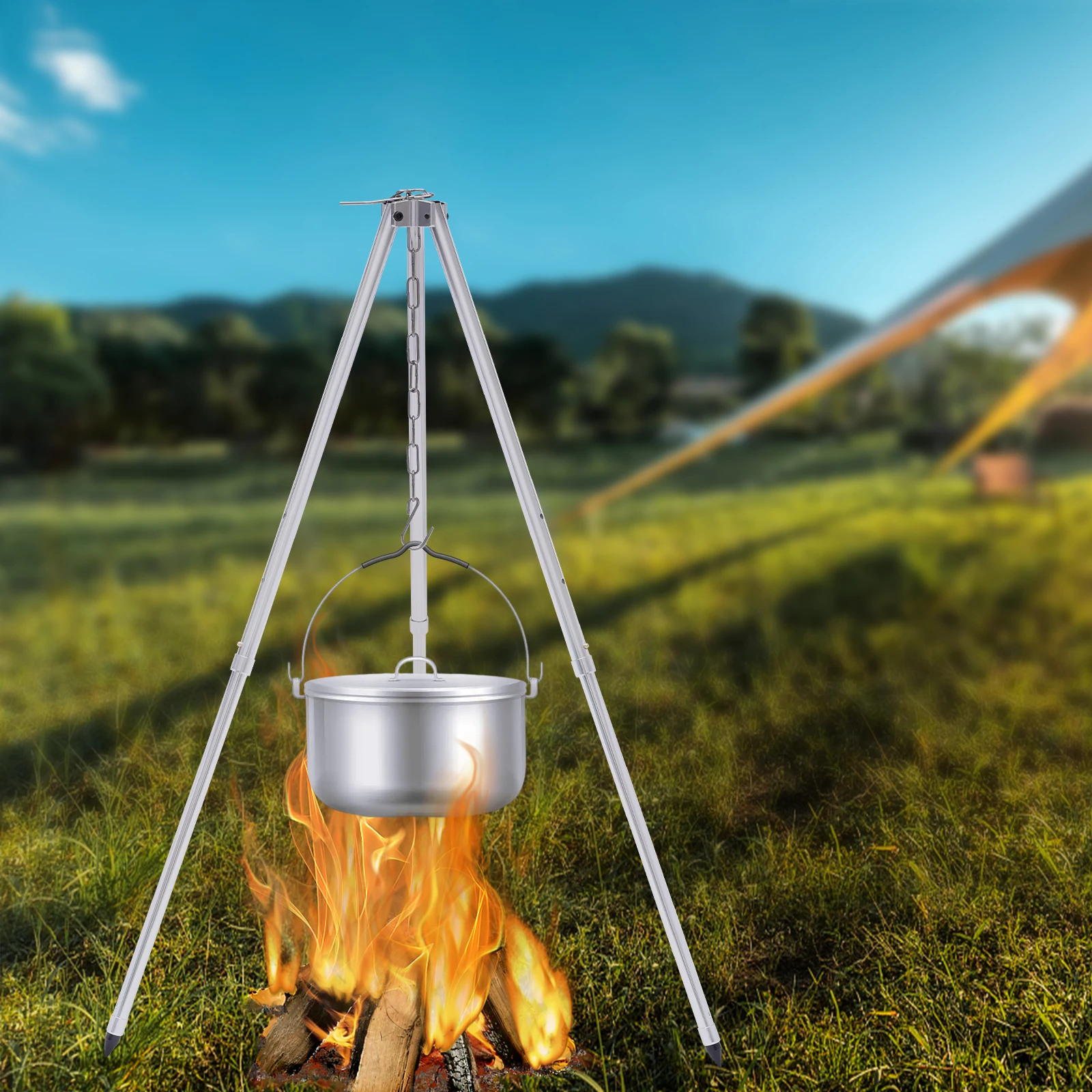 White Camping Tripod Lantern Tripod Hanger with Storage Bag For Outdoor Activities Outdoor Camping Stainless Steel Triangle Hang