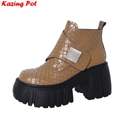 Krazing Pot Cow Leather Print Thick Bottom Elegant Super High Modern Boots Casual Brand Winter Warm Comfort Platform Ankle Boots