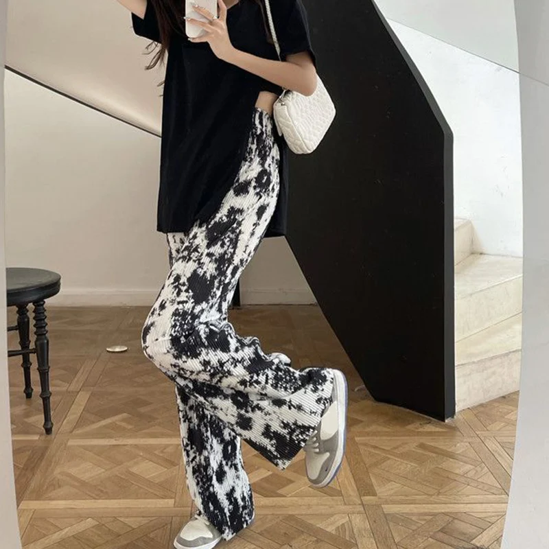 Rimocy 2024 Summer Tie Dye Long Pants Women Fashion Pleated Silk Wide Leg Pants Woman Loose Elastic High Waist Trousers Female