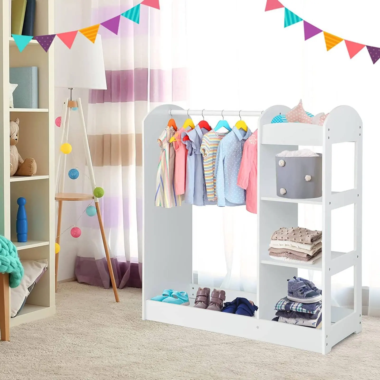 

Kids Costume Play Dressing Station with Mirror Multi-Functional Kids Armoire with Shelves Children's Clothing Rack with Mirror