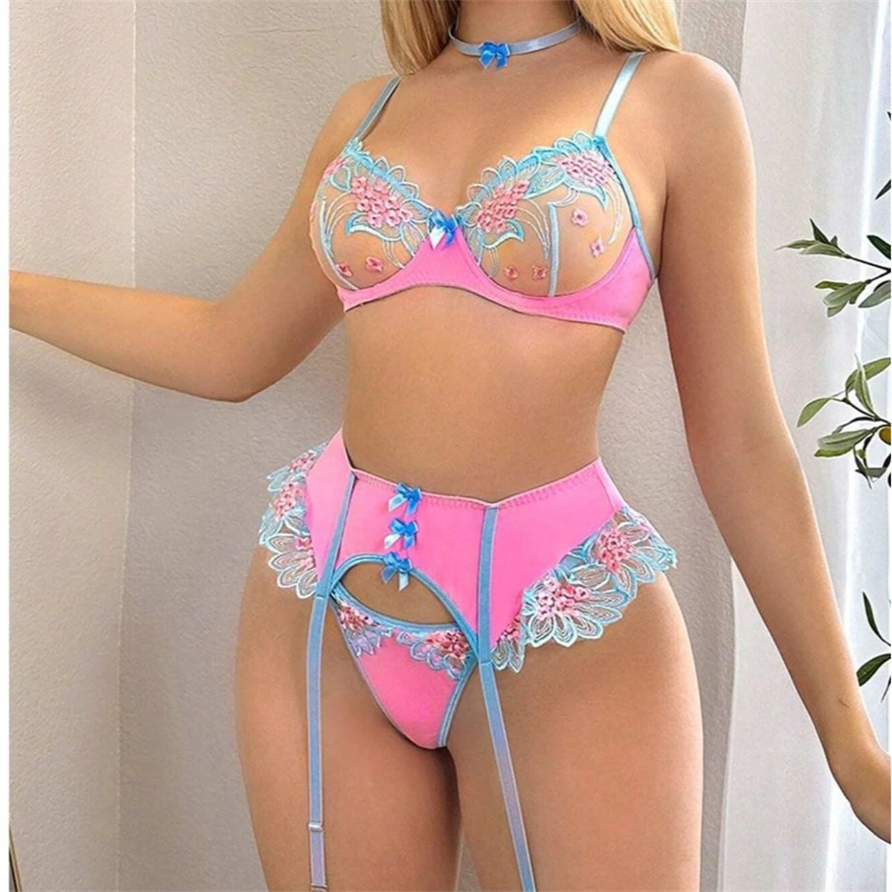 Lencería Sexy de lujo, tangas con sujetador transparente, ropa interior transparente femenina de 4 piezas, trajes de encaje erótico, conjunto de liguero delicado