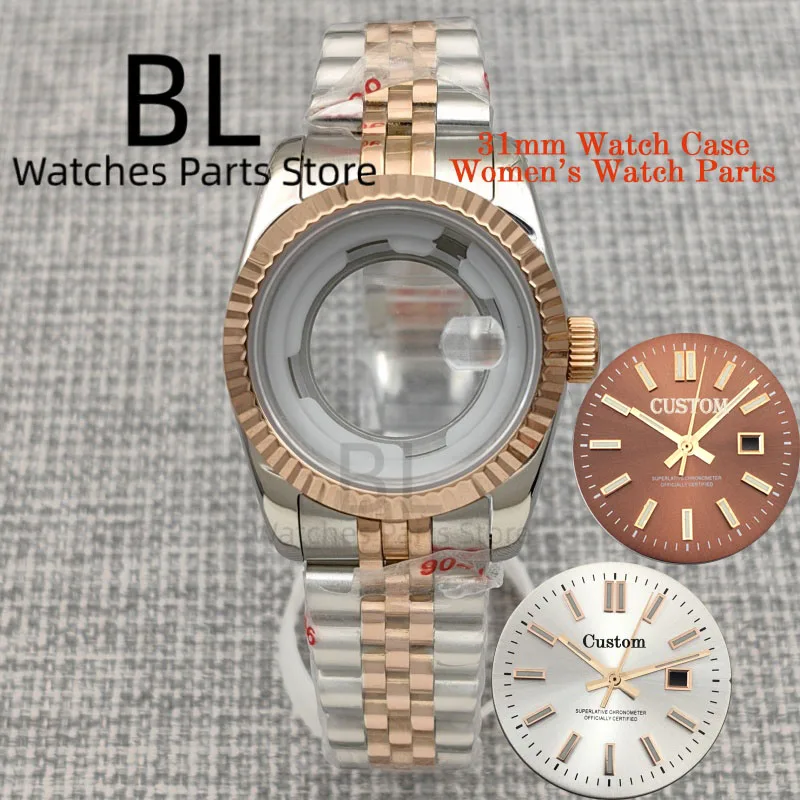 BLIGER 31mm luxe argent Rose or acier inoxydable boîtier de montre pour femme verre saphir cadran étanche aiguilles adaptées pour mouvement NH05