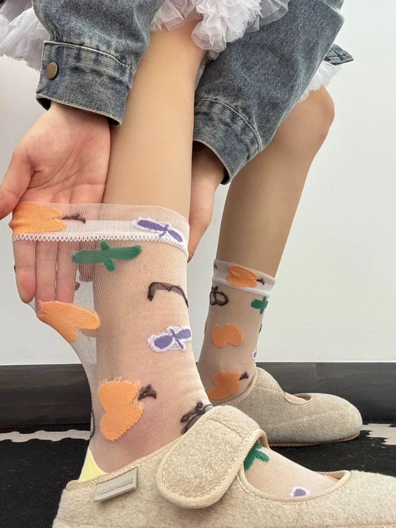 1Pair Summer Fairy Glass Silk Sheer Socks for Girl Princess Style Breathable Transparent Calf Sock Versatile Thin Sock for Women