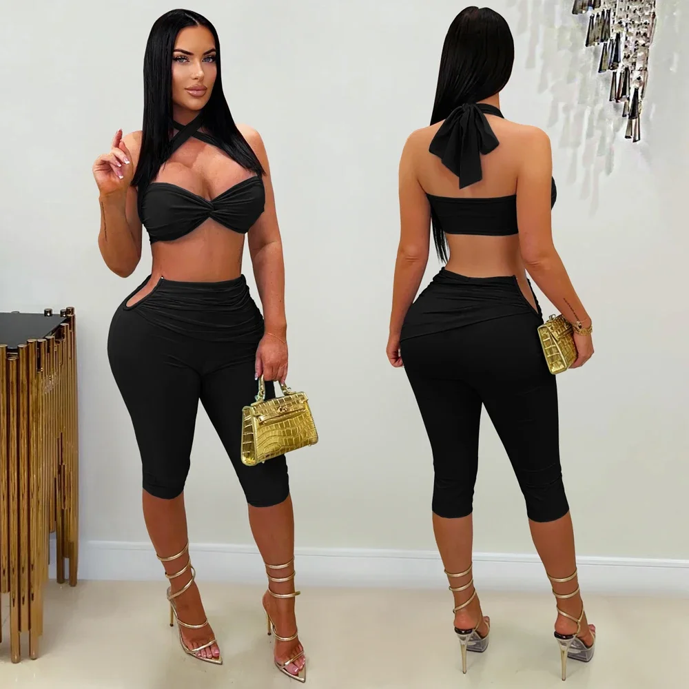 Women Halter Crop Top And High Waist Capri Pants Set Crisscross Front Bodycon Party Clubwear Outfit view 3