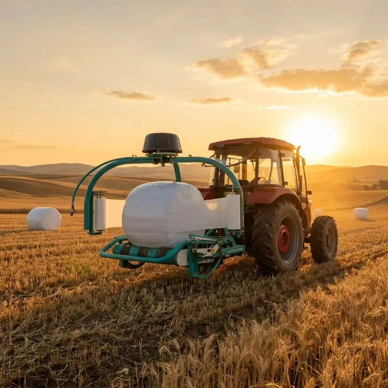 High Efficiency Tractor PTO Driven Round Bale Wrapper With Adjustable Film Layers And Electro-Hydraulic Automation For Pasture