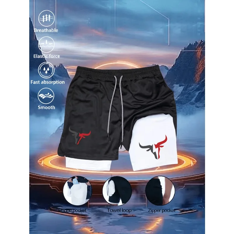 2026 Men's casual sports style cow head logo printed 2-in-1 shorts suitable for fitness enthusiasts quick drying breathable