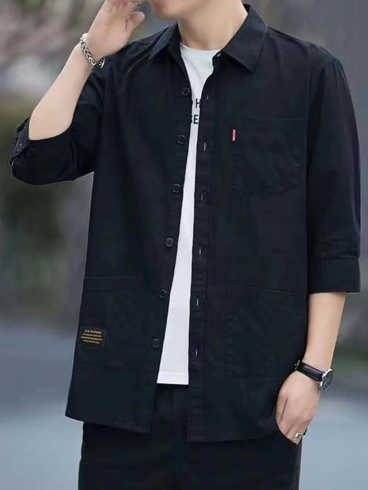 

Retro Japanese Sle Men's Workwear irt Loose Fit Multiple kets Trendy Brand Spring Autumn Top Seven Sve Loose Versat...