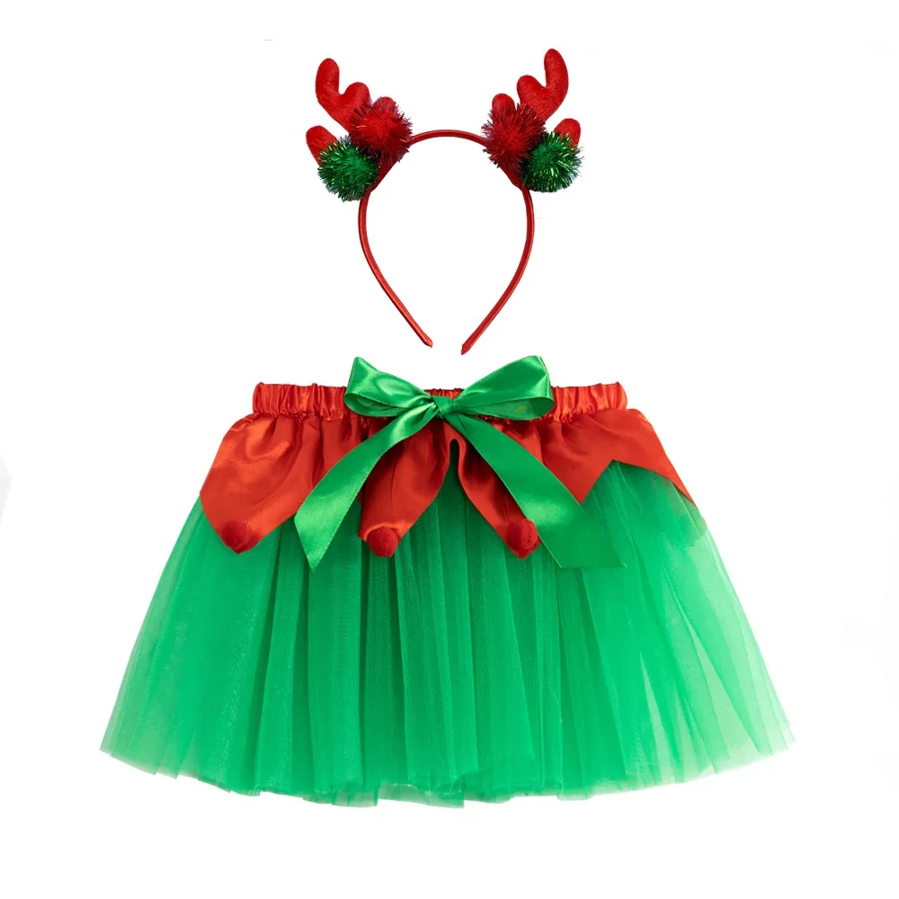 Cute Bow Baby Kids Skirt Red Girl Santa Costume New Year Christmas Girl Red Green Mesh Gauze Short Skirt and Deer Headband Sets