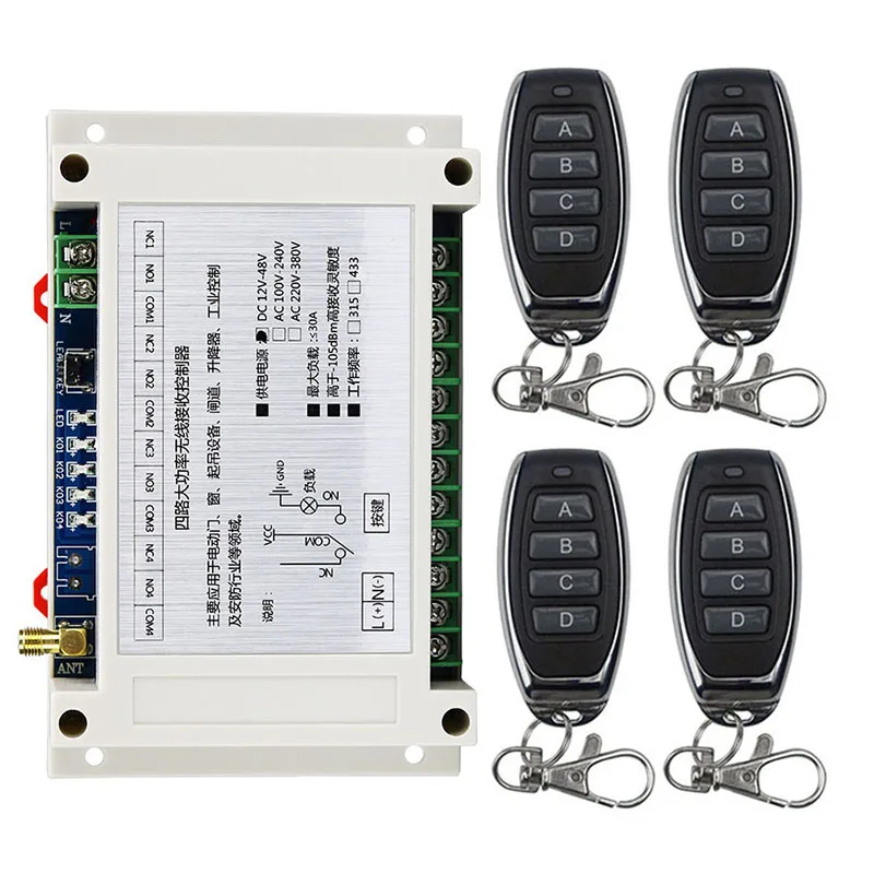 

433MHz DC12V 24V 36V 48V4CH 4 CH 4 Channel 10A Relay RF Wireless Remote Control Switch System 433 MHz Transmitter And Receiver