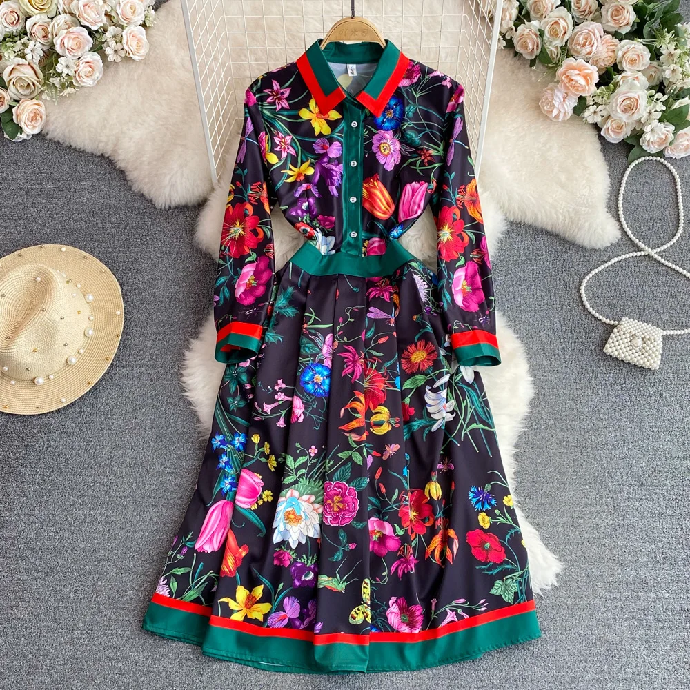 JAMERARY Fashion Runway Red Rose Blue White Porcelain Floral Shirt Dress Women Summer Autumn Long Sleeve Midi Vestidos