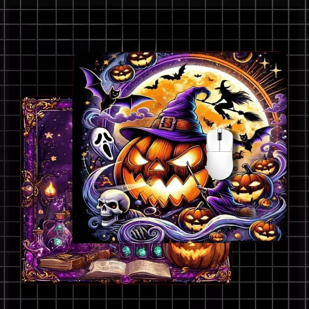 Mystic Purple Halloween Castle Square Mouse Pad Non‑Slip Rubber Desk Mat Glowing Pumpkin Magic Art for Laptop Keyboard Setup