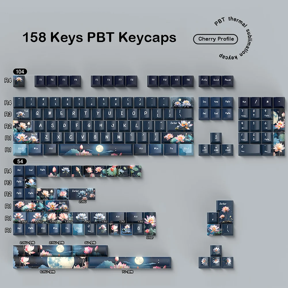 

Moonlight Of Lotus Pond Theme PBT Keycaps Cherry Profile Sublimation No Backlit Cross Switch Mechanical Keyboard Caps