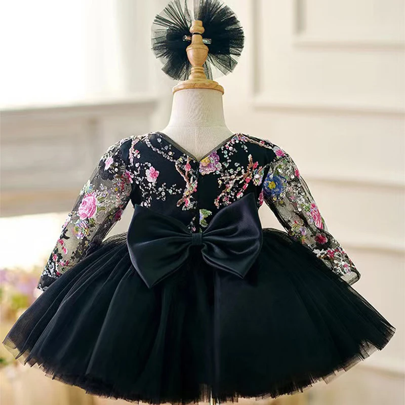 Black Mesh Sequin Princess Dress for Girls European And American Children's Fashion Design Daily Performance Costume