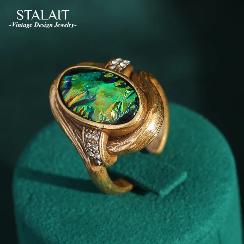 

Vintage Abalone Shell Opal Rings Oval Jewelry Antique Gold Color For Women Wedding Colorful Rhinestones Retro Accessories 2025