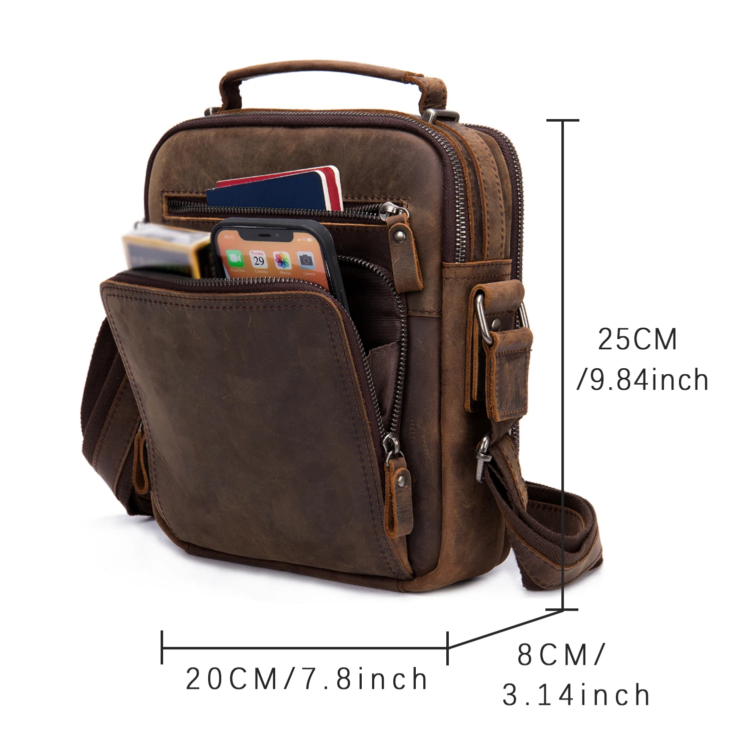 Echte Leder-Umhängetasche für Herren, Casual Herren-Handtasche, Crossbody-Taschen für Arbeit und Business, Vintage Crazy Horse Leder-Schultertasche – Detail 2