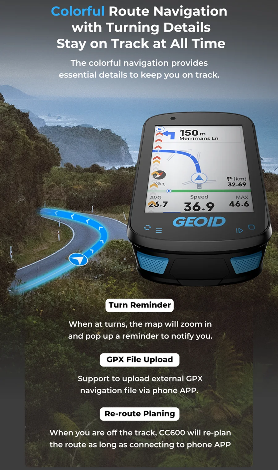 GEOID CC600/CC700 Farbdisplay Kabelloser Fahrradcomputer GPS-Navigation Fahrradtacho GPX WLAN Radfahren Kilometerzähler Ant Indoor – Detail 6