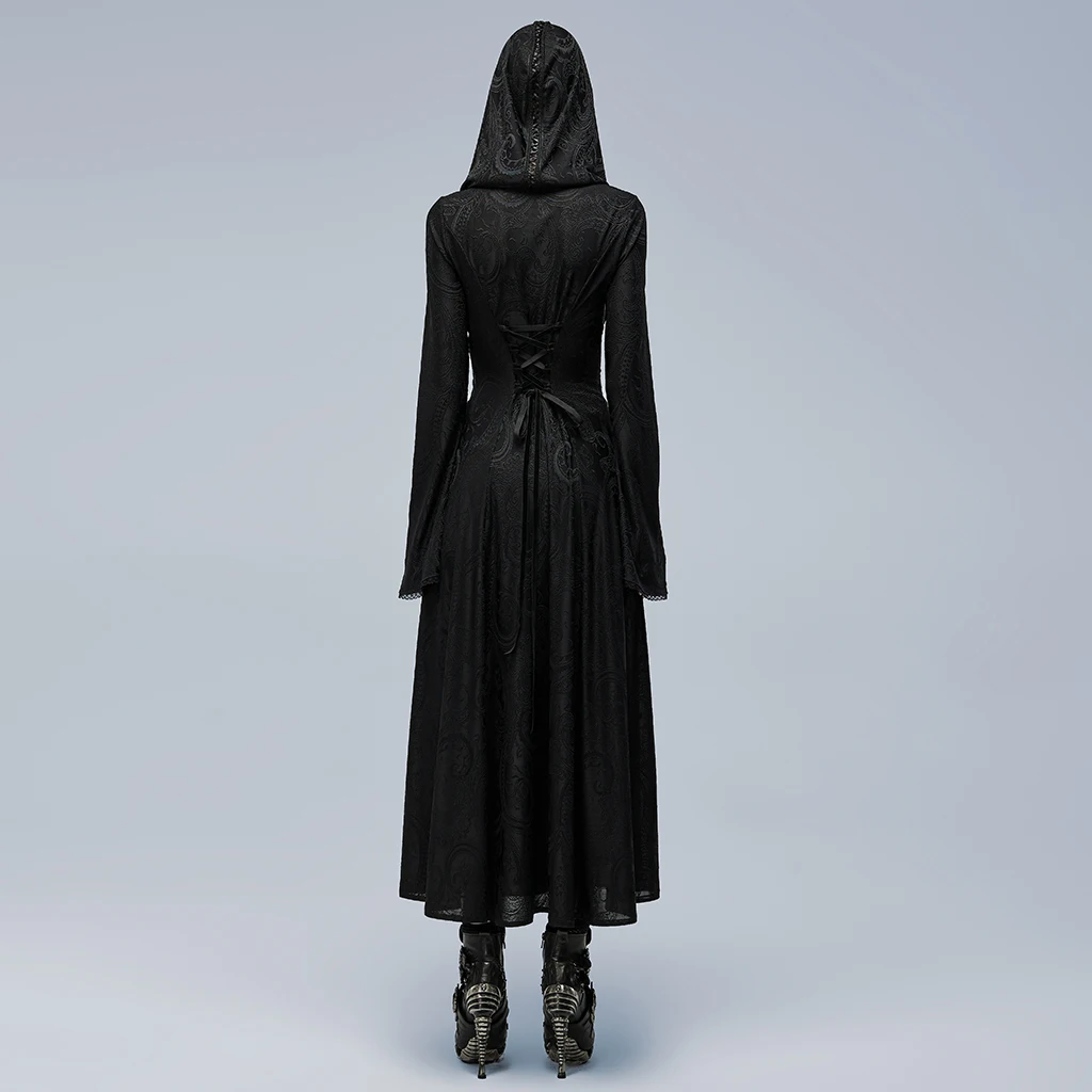 PUNKRAVE Women\'s Coat Gothic Cut-out Applique Coat Gorgeous Exquisitely Hooded Trumpet Cuffs Long Dress