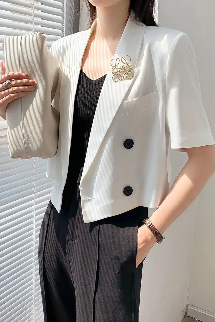 

White Acetate Satin Summer Blazer Top Short Sleeve Cropped Sun Protection Casual Lightweight Relaxed Jacket Women​​