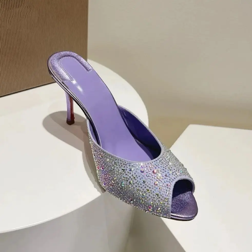 

Purple Color Full Rhinestones Women’s Slippers Pointed Peep Toe Sandals Female Red Sole 8cm 10cm High Heels Dress Shoes Summer