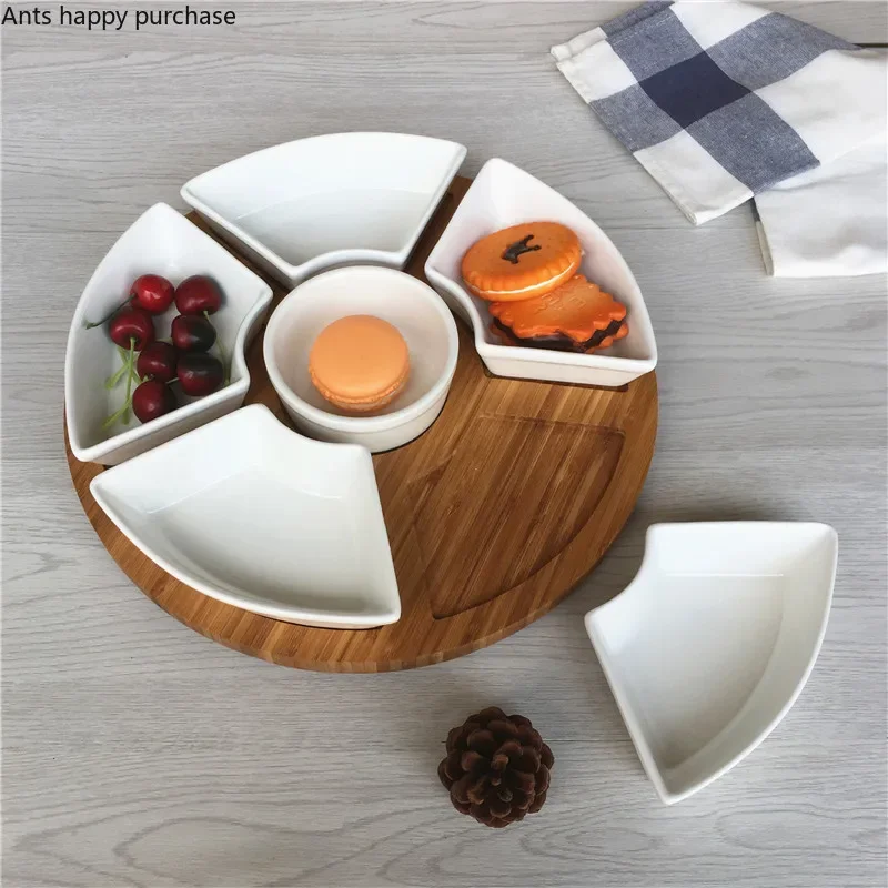 White Ceramics Fruit Tray Snack Dried Fruit Nut Dish Home Divided Plate Dessert Vegetarian Dish Salad Platter with Bamboo Tray