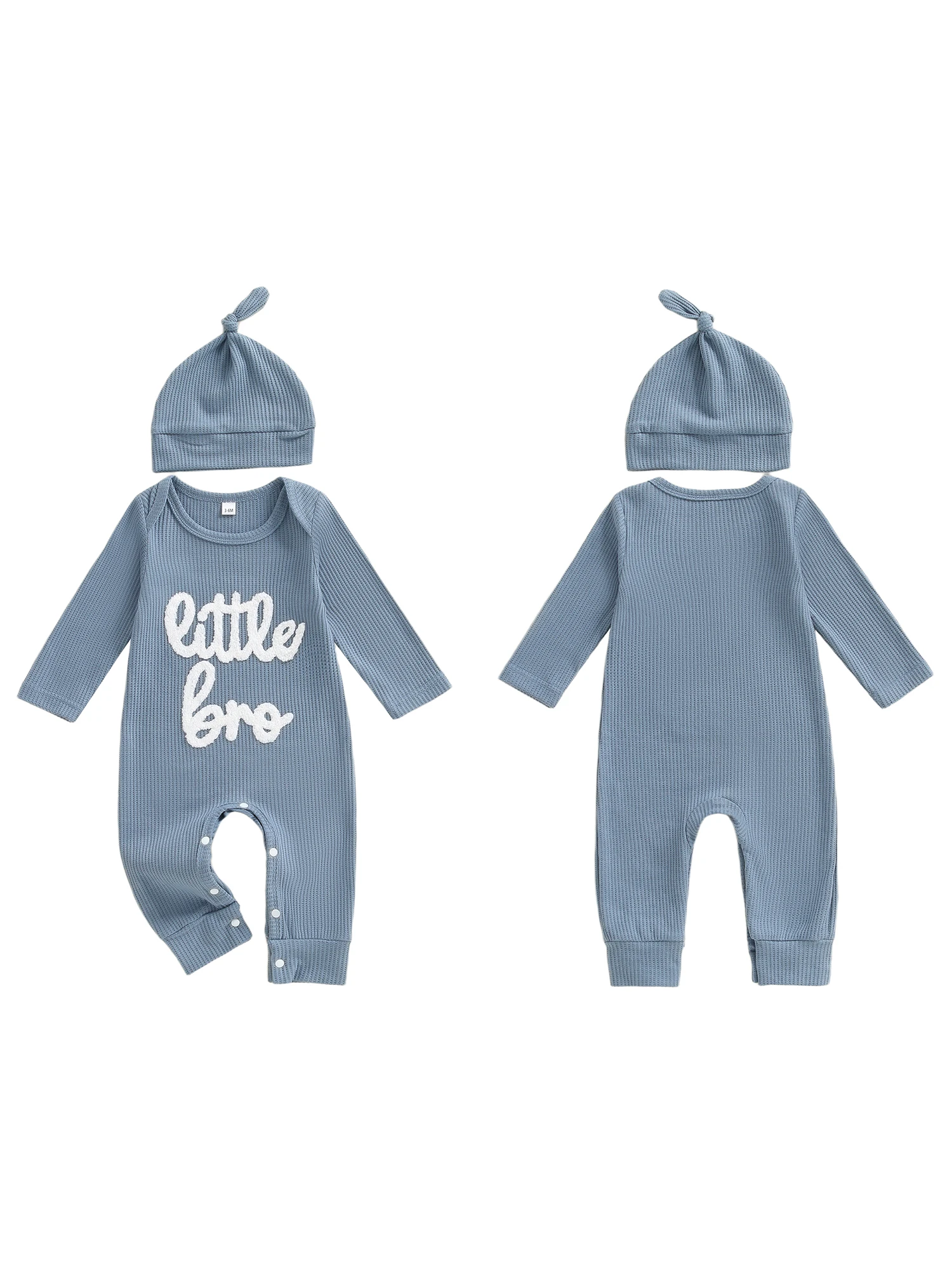 

Infant Boy Autumn Waffle Romper with Embroidered Letters Long Sleeves Round Neck and Matching Hat Set for Fall Season