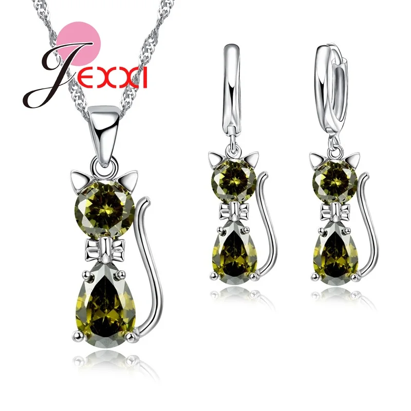 Women Jewellery Sets Genuine 925 Sterling Silver Cubic Zirconia Cat Cute Necklace Pendant+Leverback Earrings Hot Selling