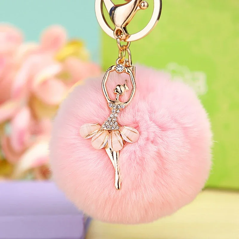 Fashion Rhinestone Ballet Dancer Keychain Cute Plush Ball Keyring for Women Girls Car Handbag Backpack Phone Pendant Accessories