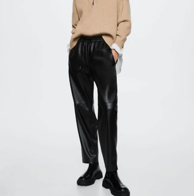 

Tao Ting Li Na Women New Fashion Elastic Waist Lace-up Genuine Sheepskin Leather Pants