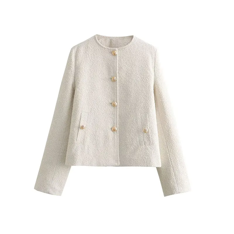 NLZGMSJ 2026 Autumn Womens Fashion O-Neck Button Cropped Jacket Pockets Long Sleeve Top High Street Casual Elegant Vacation Coat