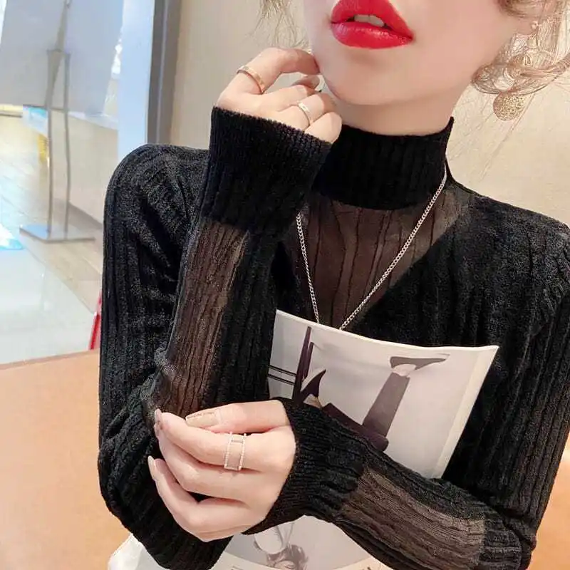 2023 Autumn/Winter New Lace Half High Neck Long Sleeve Underlay Solid Color Comfortable Leisure Office Lady Slim Knit Top