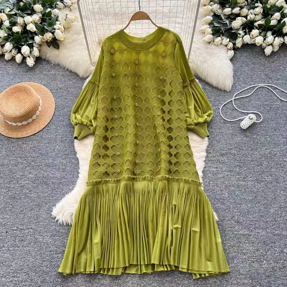 

Tee-Quarter Sve Lantern Sve Gown with Pleated Hollow out Design Loose Ele Long Skirt with Lace Trim
