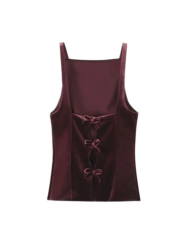 قمصان نسائية بدون أكمام مع فيونكة خلفية، رقبة مستقيمة، سحاب جانبي، كاميس نسائي، أزياء مثيرة