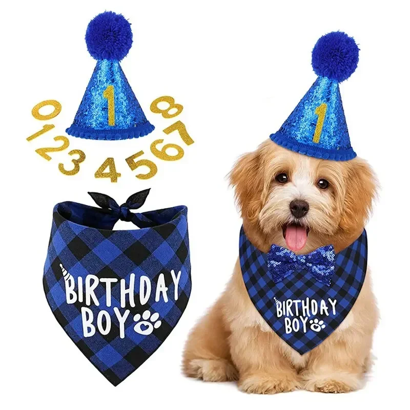 Pet Birthday Clothes Props Cat Dog Birthday Hat Drool Scarf Digital Birthday Party Decoration Props