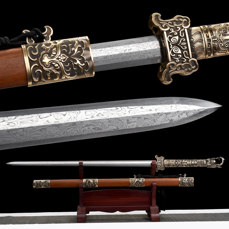 Espada china Kongfu Jian, hoja de acero doblada, Tang completo Real, mango de latón listo para batalla, madera de ébano, Saya Wushu Katanas