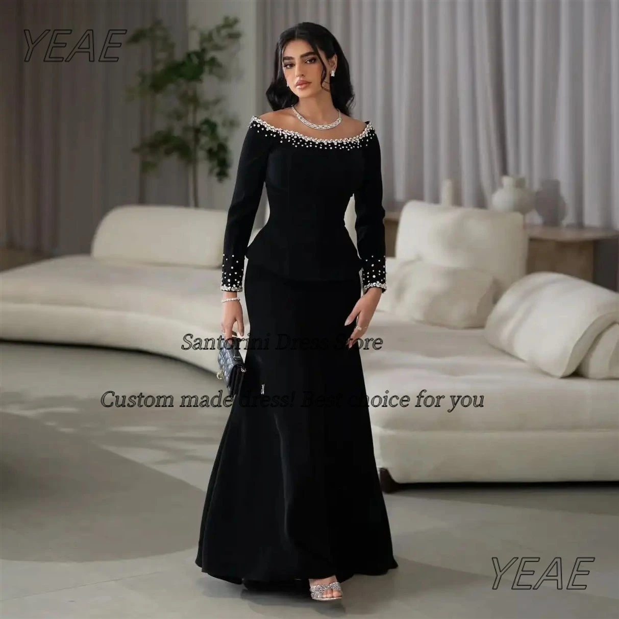 

Santorini Boat Neck Prom Dresses Beaded Long Sleeves Evening Gowns Zipper Back Saudi Women Special Occasion Dress Customized